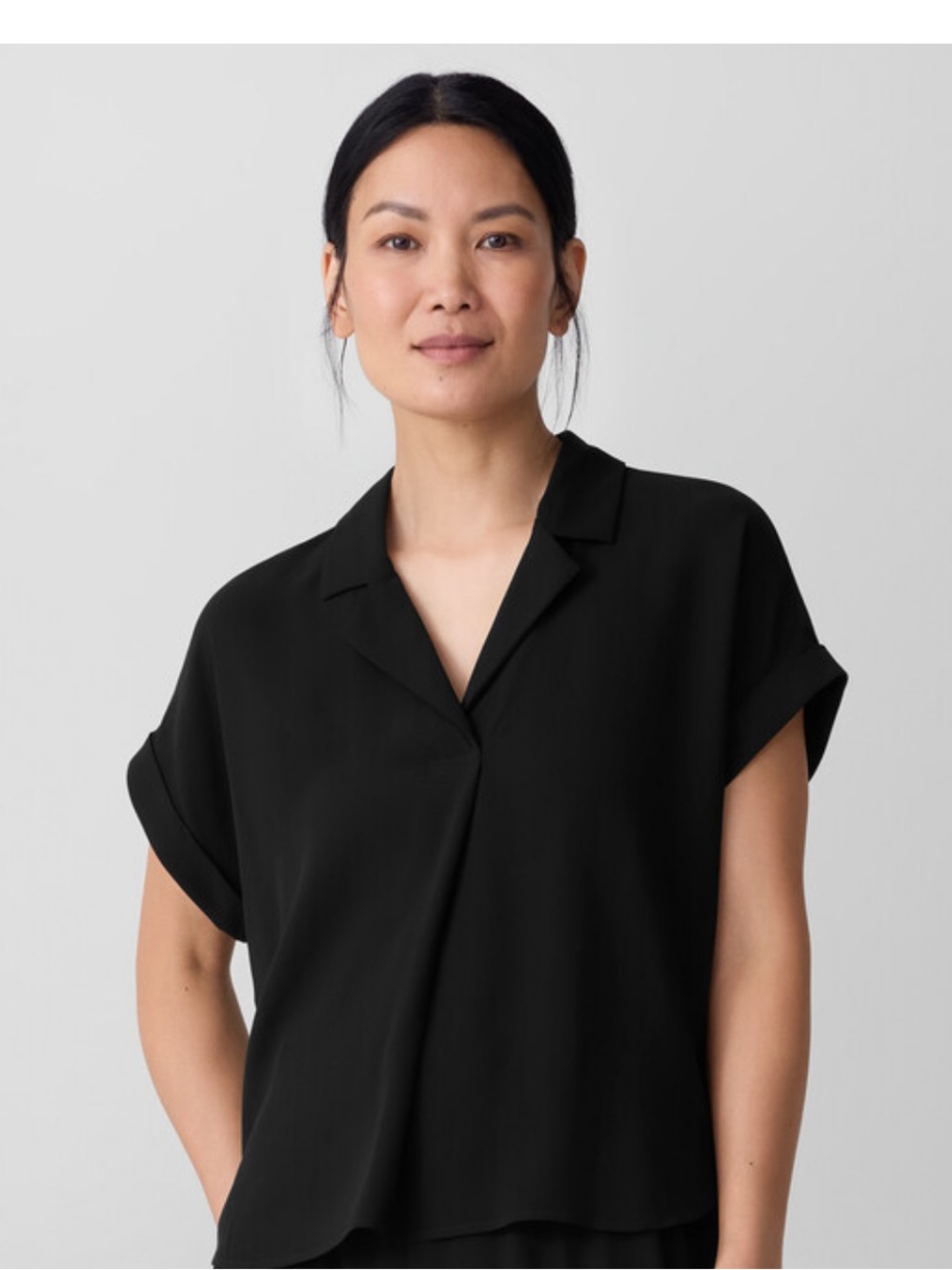 NWT Eileen Fisher Silk Georgette Crepe Notch Collar Top Short Sleeve Black XL
